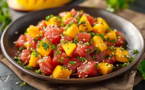 Un délicieux tartare de thon frais, coupé en dés et mélangé à des morceaux de mangue juteuse, garni de graines de sésame et de ciboule.