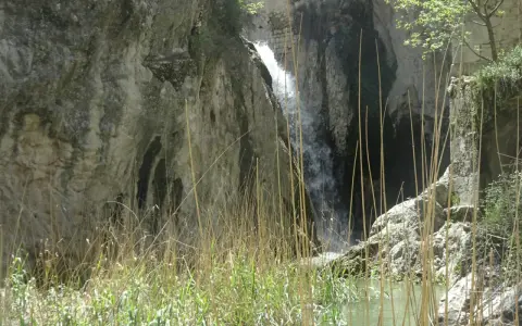 Cascada en un cañón rocoso, con juncos en primer plano. Un lugar ideal para explorar las rutas de agua en Alicante.