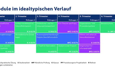 Studienverlauf für den **bachelor gesundheitsmanagement**: Module über 6 Trimester, von wissenschaftlichem Arbeiten bis zur Bachelorphase.
