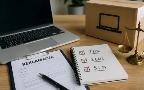 Na biurku leży dokument reklamacji, laptop, pudełko z symbolem komputera i waga szalkowa. Notatnik pokazuje zaznaczone terminy: 7 lat, 2 lata, 5 lat. Brak odpowiedzi na reklamację.