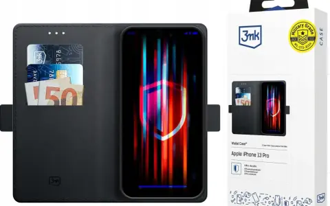 Czarne etui z klapką na iPhone 13 Pro, z miejscem na karty i banknoty. Idealne dla ceniących styl i bezpieczeństwo.