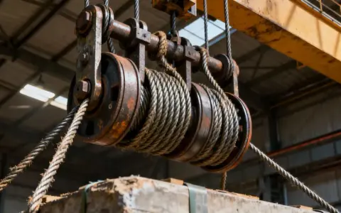 Un palan avec des poulies rouillées, prêt à soulever une charge. Le câble métallique s'enroule autour des roues pour fabriquer un palan efficace.
