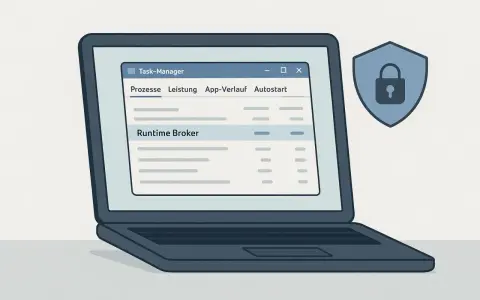 Laptop mit Task-Manager, der "Runtime Broker" anzeigt. Ein Schild mit Schloss symbolisiert Sicherheit für den Windows Desktop Runtime.