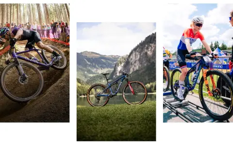 A cyclist navigates a steep trail on a purple downcountry bike. Another downcountry bike is pictured in a scenic mountain landscape. A female cyclist in racing gear prepares on a downcountry bike.