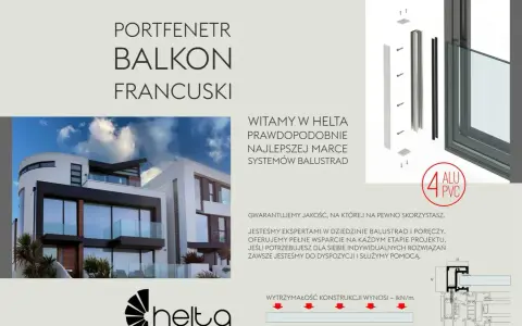 Nowoczesny portfenetr balkon francuski z balustradą szklaną na eleganckim budynku. Helta - eksperci od balustrad.