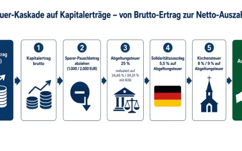 Grafik zeigt die Steuerkaskade: Kapitalertrag (brutto) wird um Sparerpauschbetrag, Abgeltungsteuer, Soli und Kirchensteuer reduziert zur Netto-Auszahlung.