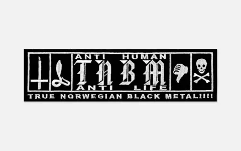 Patch noir avec logo "TABM" et symboles, proclamant "TRUE NORWEGIAN BLACK METAL!!!!".