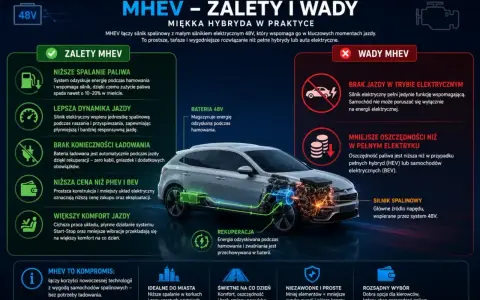Ilustracja przedstawia samochód z widocznym układem napędowym MHEV 48V, z podziałem na zalety i wady.