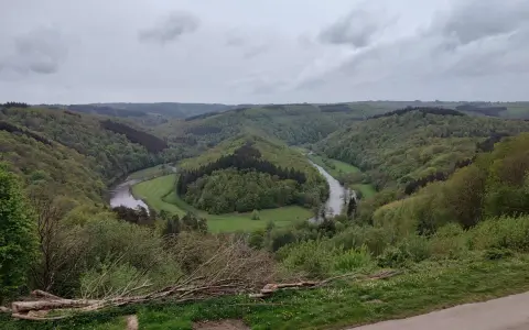 Malowniczy zakole rzeki w zielonych Ardenach, otoczone wzgórzami porośniętymi lasem.