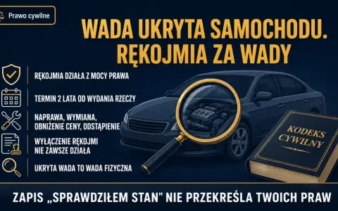 Wada ukryta samochodu. Rękojmia za wady działa z mocy prawa przez 2 lata. Naprawa, wymiana, obniżenie ceny lub odstąpienie od umowy.