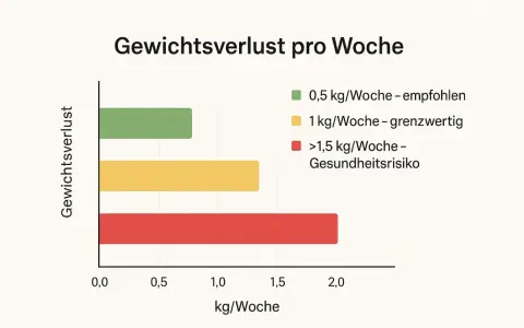 Grafik zeigt, wie viel kann man in einem monat abnehmen: 0,5 kg/Woche ist empfohlen, 1 kg/Woche grenzwertig, über 1,5 kg/Woche birgt Gesundheitsrisiko.