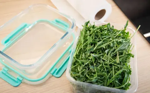 Frischer Rucola in einer Plastikschale neben einem leeren Glasbehälter. So gelingt das Rucola aufbewahren am besten.