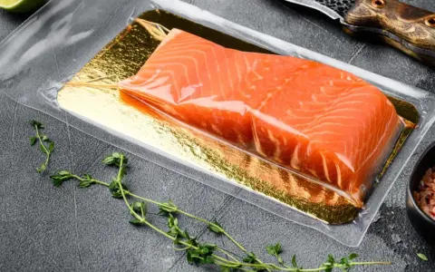 Filete de salmón marinado envasado al vacío, listo para cocinar. Acompañado de tomillo fresco y sal rosada.