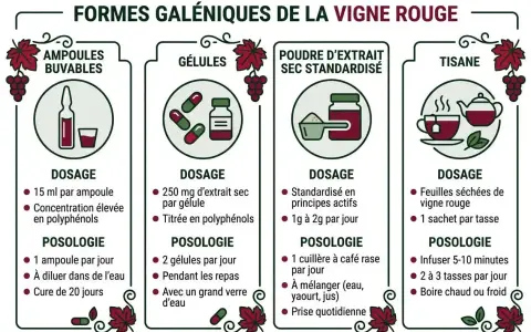 Différentes formes de vigne rouge : ampoules, gélules, poudre, tisane. Découvrez les bienfaits de la vigne rouge et comment la consommer.