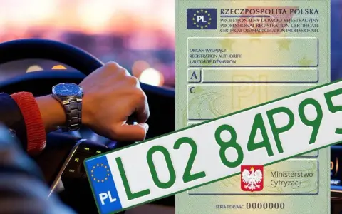 Ręka kierowcy z zegarkiem na nadgarstku, obok zielone tablice rejestracyjne w Polsce i dowód rejestracyjny.