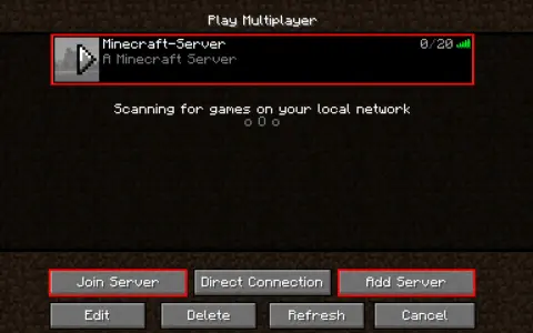 Pantalla de Minecraft para unirse a un servidor. Muestra "Minecraft-Server" y la opción "Add Server", útil para saber como hacer un servidor de Minecraft.