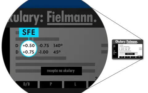 Tablica Snellena do bliży z danymi korekcji okularów: SFE, +0.50, -0.75, 140°, +0.75, -1.00, 45°.