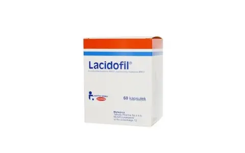 Opakowanie leku Lacidofil z napisem "60 kapsułek" na białym tle.