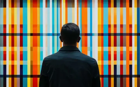 Uomo osserva un'opera d'arte astratta con strisce colorate. Il **parallelismo figura retorica** si ritrova nelle ripetizioni cromatiche e geometriche.
