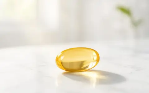 Capsula gialla di vitamina D3 su marmo. La vitamina D3 serve per ossa forti e sistema immunitario.