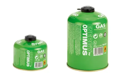 Dwa zielone rodzaje kartuszy gazowych Optimus: mniejszy 230g i większy 450g, z mieszanką butanu, izobutanu i propanu.