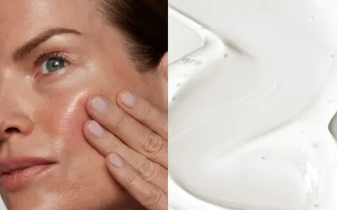 Primo piano di un volto con pelle luminosa e una mano che la accarezza, accanto a una texture di gel trasparente. Scopri cos'è lo squalane per la tua pelle.