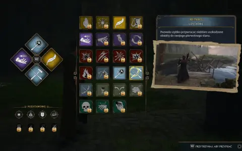 Drętwota w Hogwarts Legacy: menu zaklęć z ikonami, w tym Reparo. Gracz naprawia zniszczony mostek.