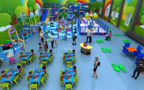 Colorata sala giochi con scivoli, piscine di palline e tavoli apparecchiati per feste di compleanno. Bambini giocano e mangiano felici.