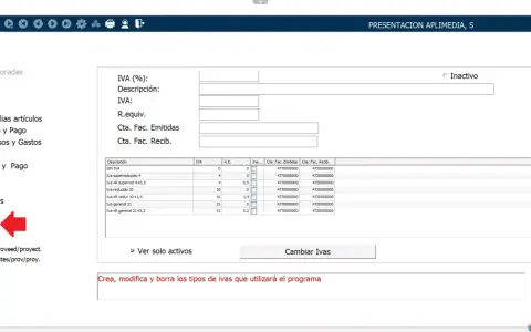 Configuración de tipos de IVA para facturas. Se muestran diferentes tipos de IVA, como reducido y general, para su gestión.