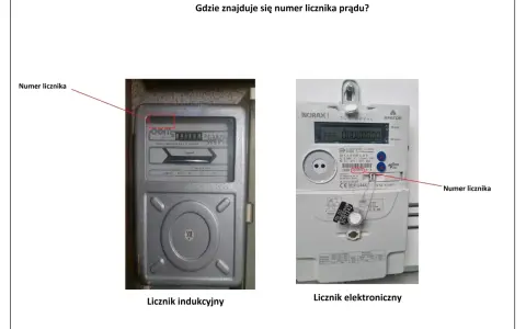 Na zdjęciu pokazano, jak odczytać licznik prądu. Widoczne są dwa typy liczników: indukcyjny i elektroniczny, z zaznaczonym numerem licznika.