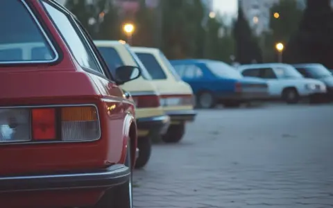 Rząd klasycznych, bezawaryjnych aut na parkingu. Czerwony klasyk z tyłu, za nim żółty, niebieski i biały.