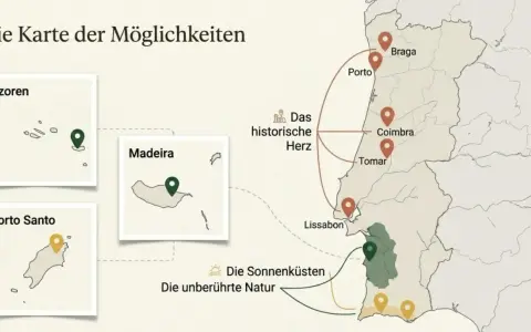 Karte zeigt verschiedene Portugal Regionen: Azoren, Madeira, Porto Santo, sowie das historische Herz mit Braga, Porto, Coimbra, Tomar und Lissabon.