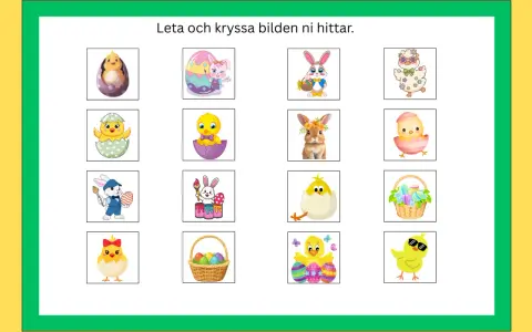Söt påskkyckling och kaninbilder för en rolig skattjakt påsk. Hitta och kryssa bilderna!