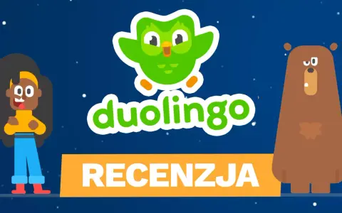 Recenzja aplikacji do nauki języka Duolingo z sową, dziewczynką i niedźwiedziem.