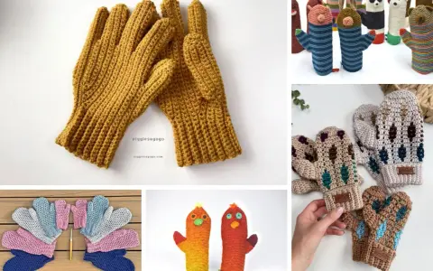 Variedad de mitones a crochet: guantes amarillos, muñecos animales, mitones de colores y diseños geométricos.
