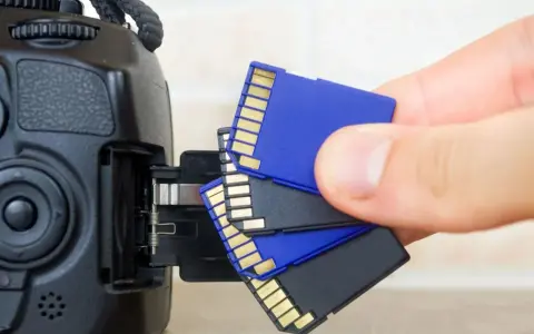 Main tenant, une main s'apprête à insérer une carte SD dans un appareil photo. Il est temps de choisir la carte SD parfaite pour vos souvenirs.
