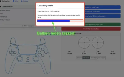 PS5 Controller kalibrieren: Fortschrittsbalken wird geladen, während die Stickmitte zentriert wird. Nicht trennen!