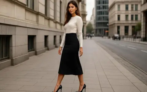Elegancka kobieta w czarnej spódnicy midi i białym swetrze, idealnie dobrane czarne szpilki. Jakie buty do spódnicy midi? Te są strzałem w dziesiątkę!