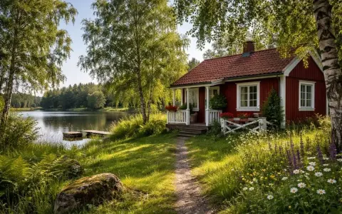 En röd stuga vid en sjö, omgiven av grönska och blommor. En stig leder fram till den charmiga gula stugan.