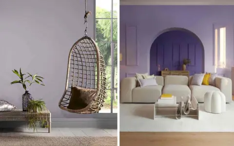 Un fauteuil suspendu en rotin et un salon moderne aux murs couleur parme clair.