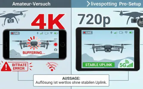 Vergleich: Amateur-Drohne mit 4K-Auflösung und Pufferung vs. Pro-Setup mit 720p und stabilem Uplink. Die dji reichweite ist entscheidend.