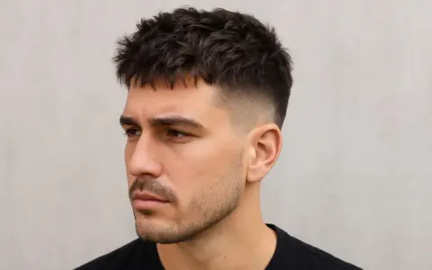 Mann mit modernem French Crop Haarschnitt, kurz geschorenen Seiten und einem leichten Bart.
