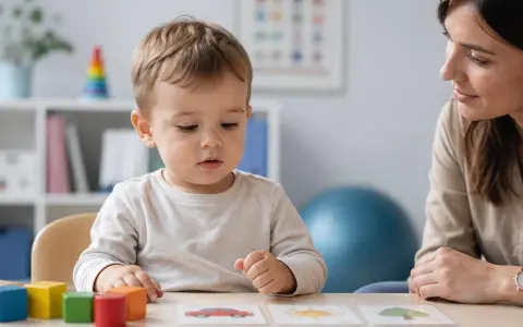 Mały chłopiec z zainteresowaniem przygląda się kartom obrazkowym, podczas gdy dorosła osoba obserwuje go z uśmiechem. To ciekawy **test AQ dla dzieci**.