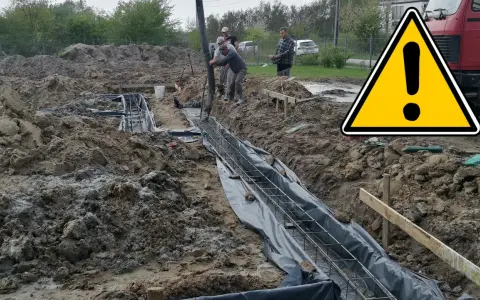 Budowa trwa! Wylewanie betonu na zbrojenie, tworząc solidne ławy fundamentowe pod przyszły budynek.