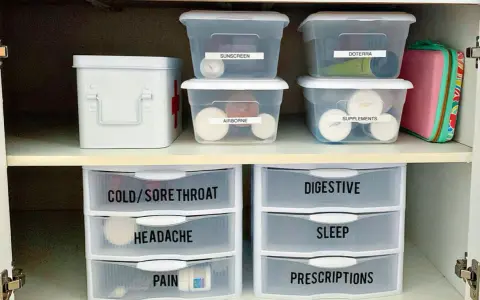 Organized medicine cabinet with labeled bins and drawers for easy access to medications and first-aid supplies.