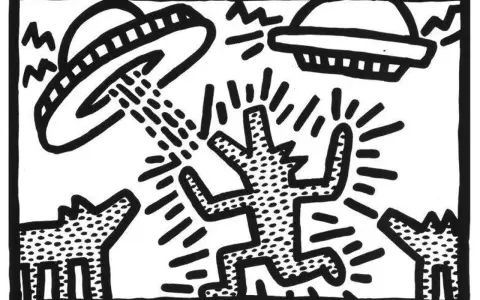 Keith Haring's iconic dog figures are caught in a UFO abduction, a playful yet thought-provoking scene.
