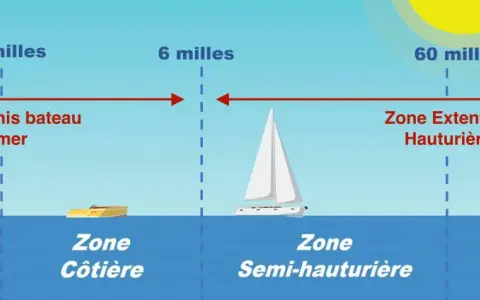 Illustration des zones maritimes pour la plaisance : de l'abri côtier aux eaux hauturières, avec indication des distances et des permis requis.