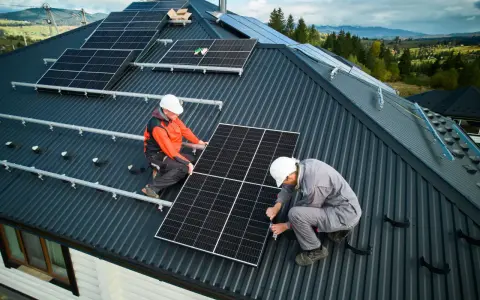 Zwei Monteure installieren Solarmodule auf einem Dach. Die Frage "was kostet eine PV Anlage mit Speicher" beschäftigt viele Hausbesitzer.