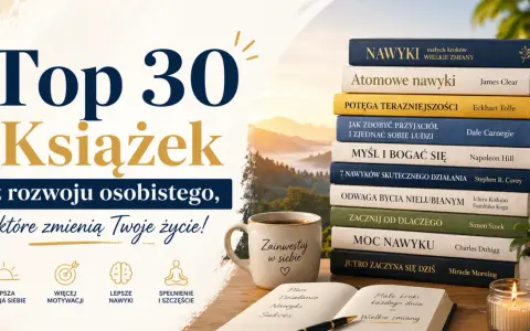 Mądre książki dla dorosłych o rozwoju osobistym, które inspirują do zmian. Na zdjęciu stos książek, kubek z napisem "Zainwestuj w siebie" i notatnik.
