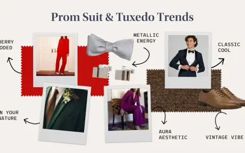 Prom suit and tuxedo trends: bold red, deep green, and purple suits, a classic navy tux, metallic accessories, and brown shoes.